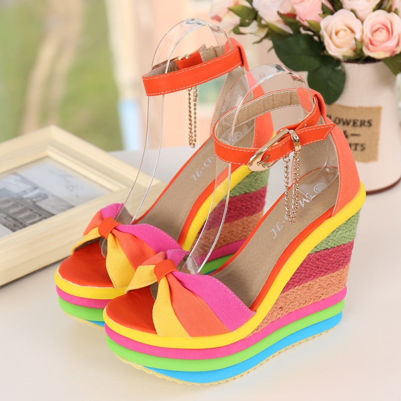 Rainbow Striped Peep Toe Platform Bowknot Hemp Bottom Buckle Ankle Strap Wedge Sandals