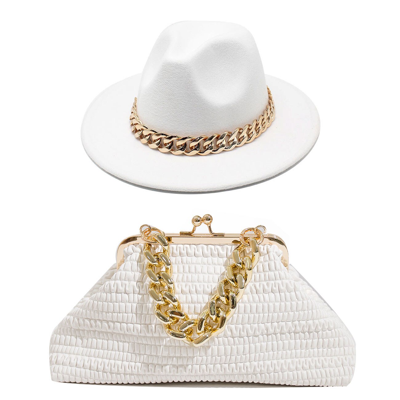 Fedora Chain Link Straw Hat + Chain Link Purse Set