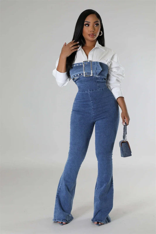 Denim Tube Top Buckle Strap Design Strapless Belt Flare Jean Jumpsuit