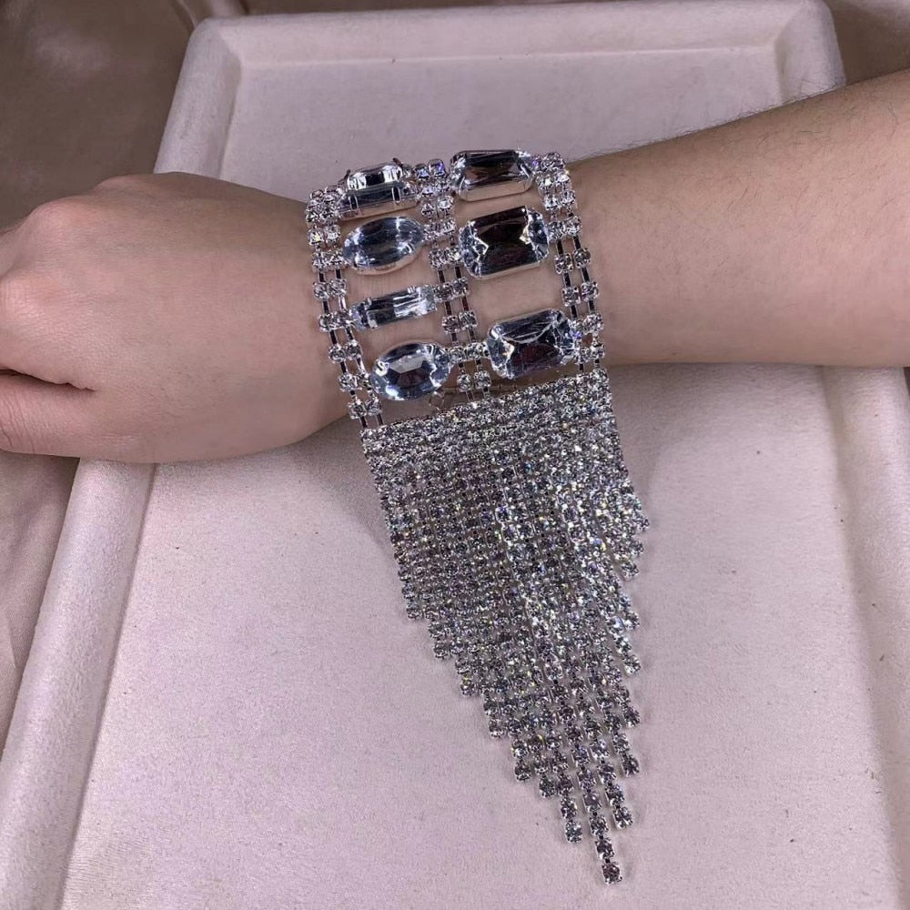 Bling Rhinestone Long Fringed Hand Bracelet