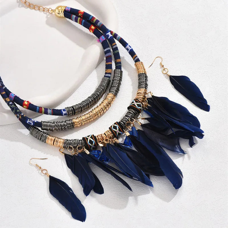 Vintage Native American Feather Choker Multilayer Necklace w/ Hook Earrings 2-Piece Jewelry Sets