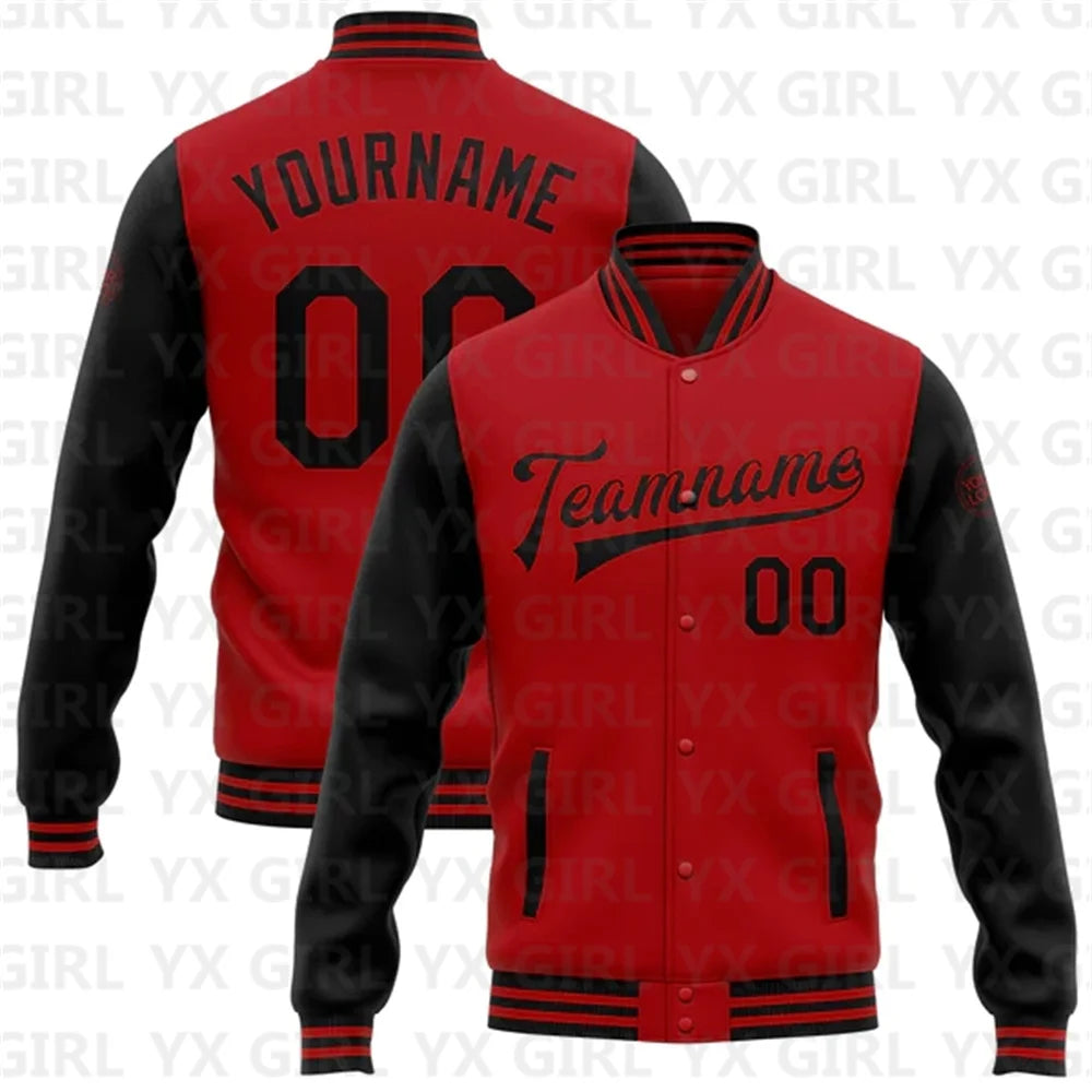 Customized Unisex Red Black-White Personalized Name Letter Print/Team Name 3D Print Full-Snap Varsity Letterman's 2-Tone Baseball Button-Up Bomber Jacket