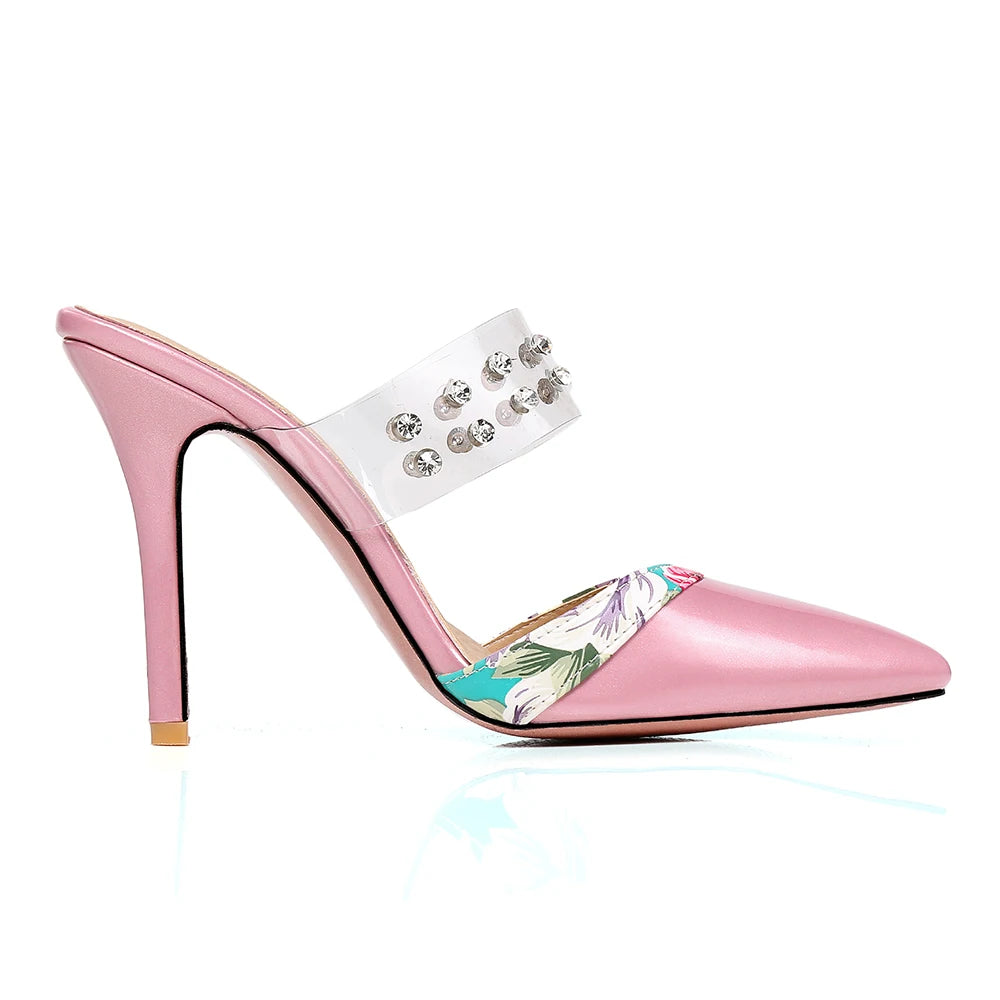 Floral Print Studded Rhinestone Transparent Strap Slip-On Pumps