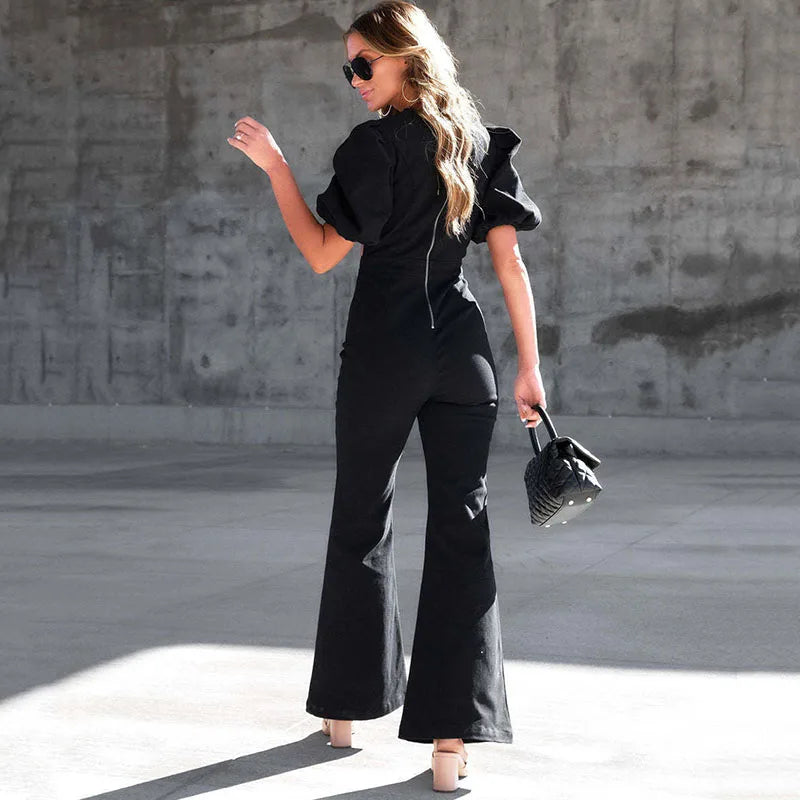 Denim Criss-Cross Skinny Fit Short Puff Sleeve V-Neck Hollow-Out High Waist Flared Pant Jumpsuit