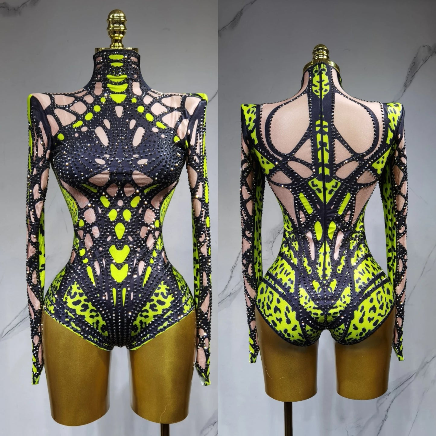 Sparkling Rhinestone Hollow-Out Long Sleeve Stage Formal Stage Performance Skin Tight Bodysuit