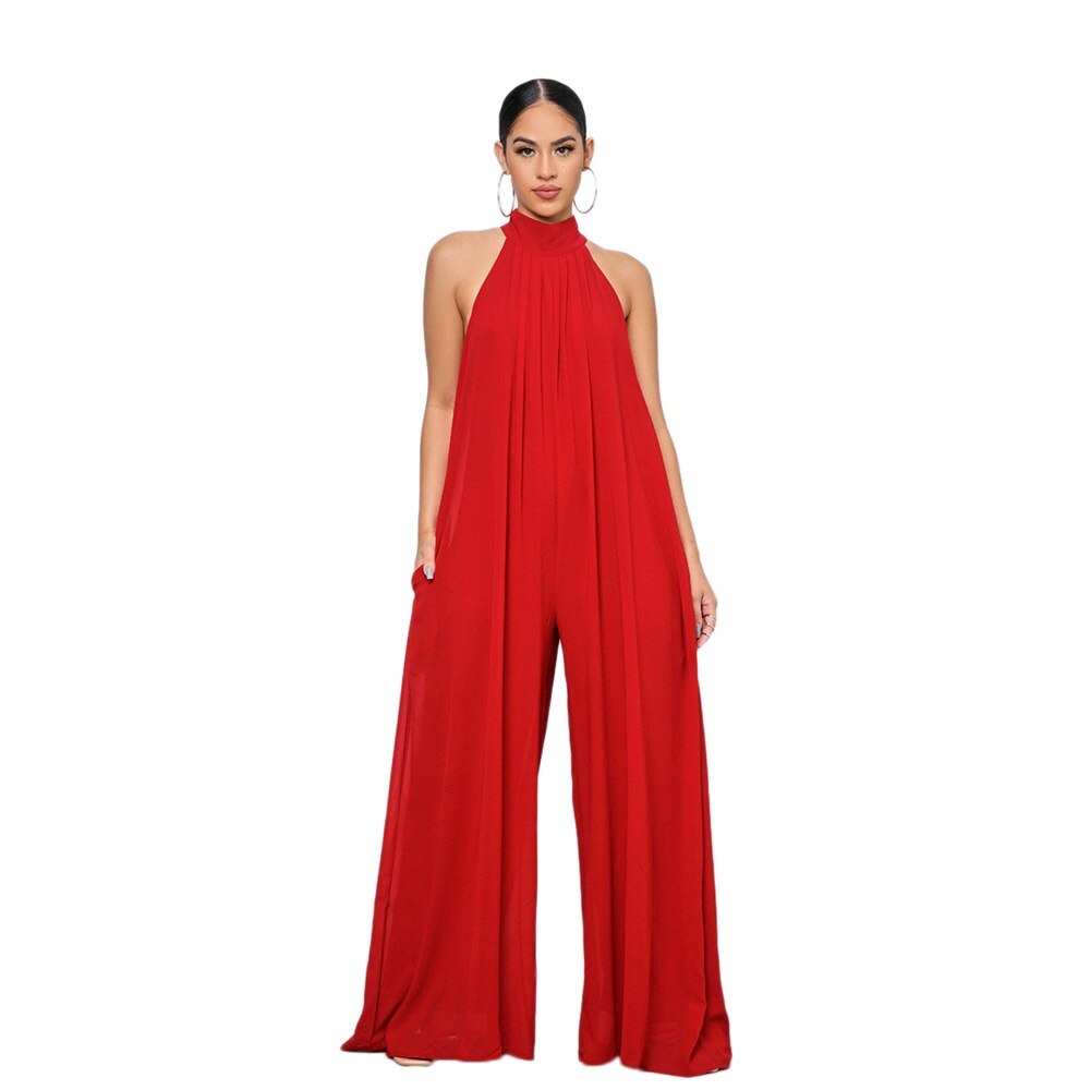 Wide Leg Sleeveless High Neck Solid Color Chiffon Loose Temperament Jumpsuit