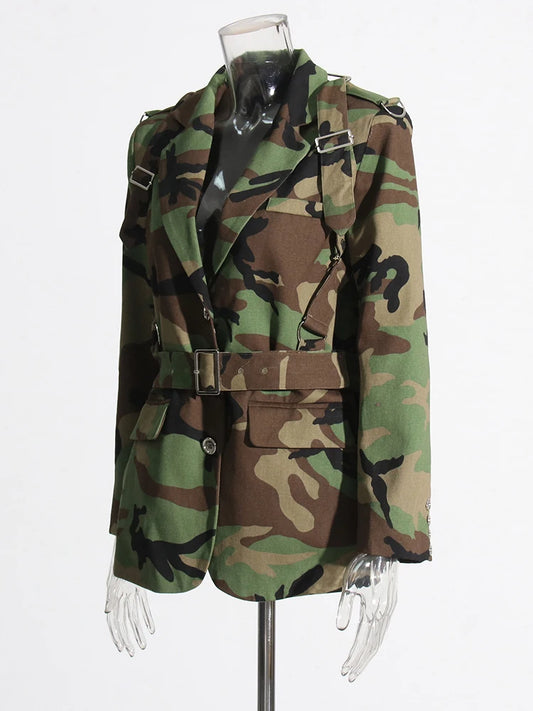 Camouflage Separates: Colorblock Notched Collar Long Sleeve Spliced Button Blazer/Patchwork Belted Skinny Camouflage Pants