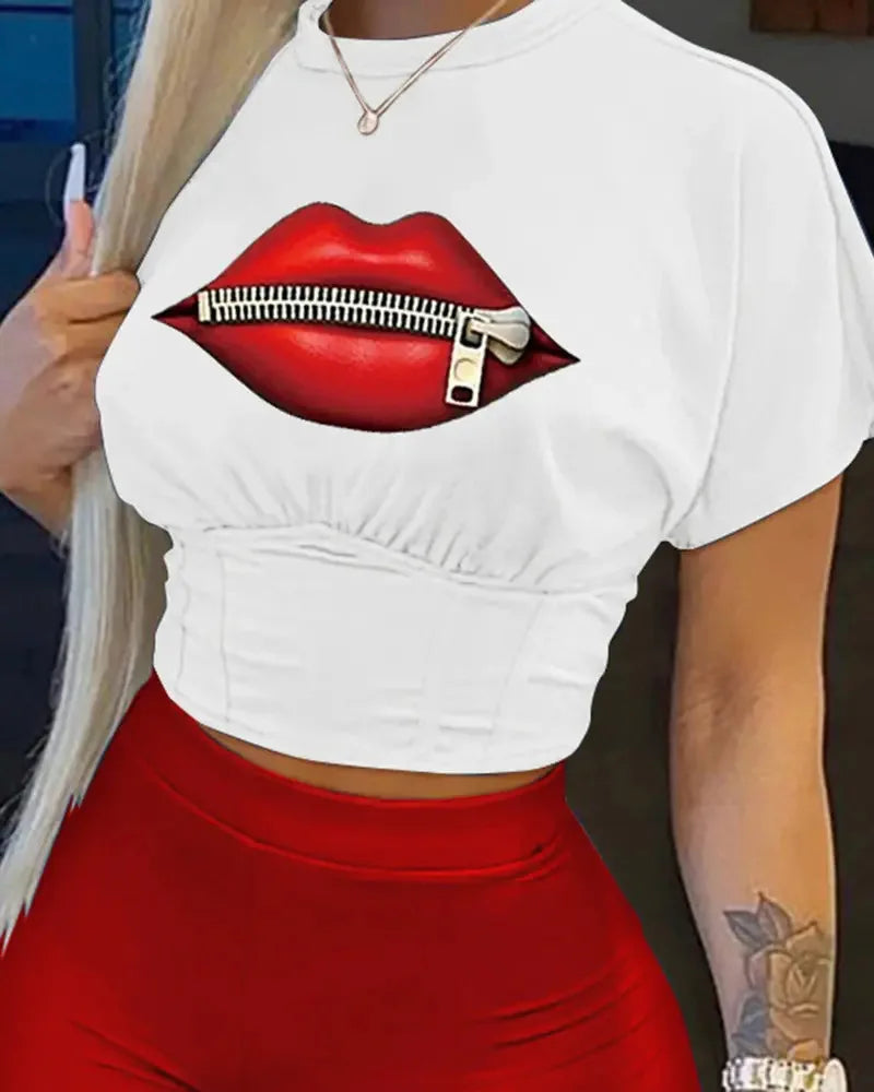 "NOPE Not Today"/Faith/Lip/Striped/Stiletto/Eyelash Print Women’s O-Neck Short Sleeve T-Shirt + Mini Shorts 2-Piece Set