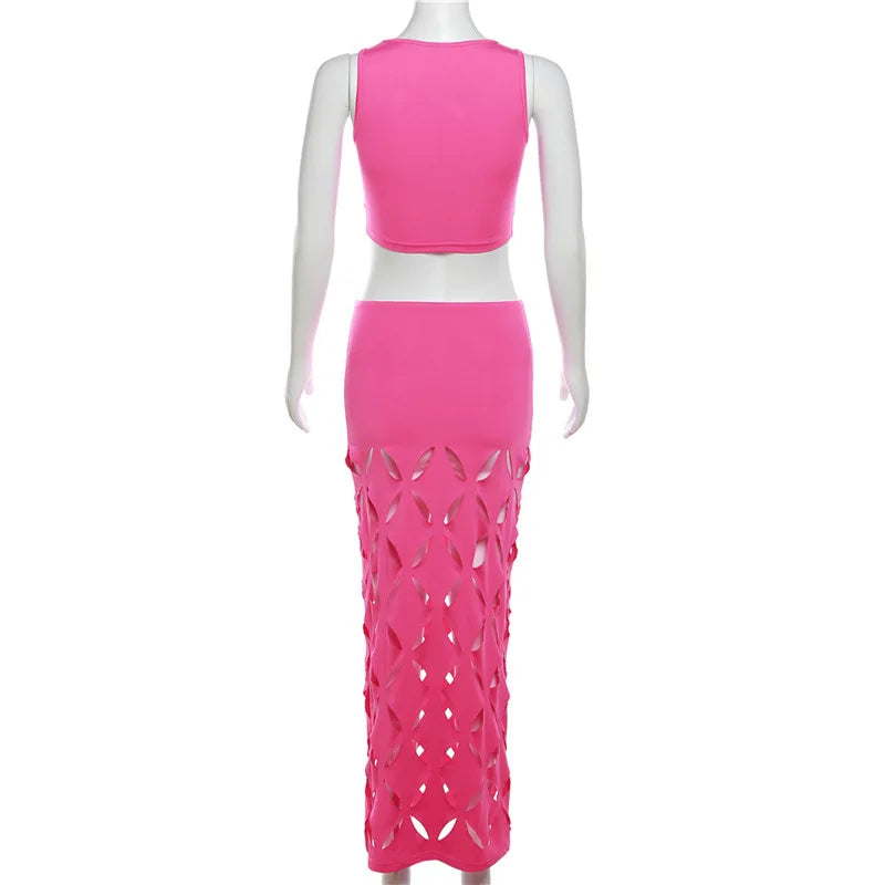 Sleeveless Solid Color Cropped Tank Top + Geometric Hollow-Out Floral Pattern Midi Skirt Women's 2-Piece Set