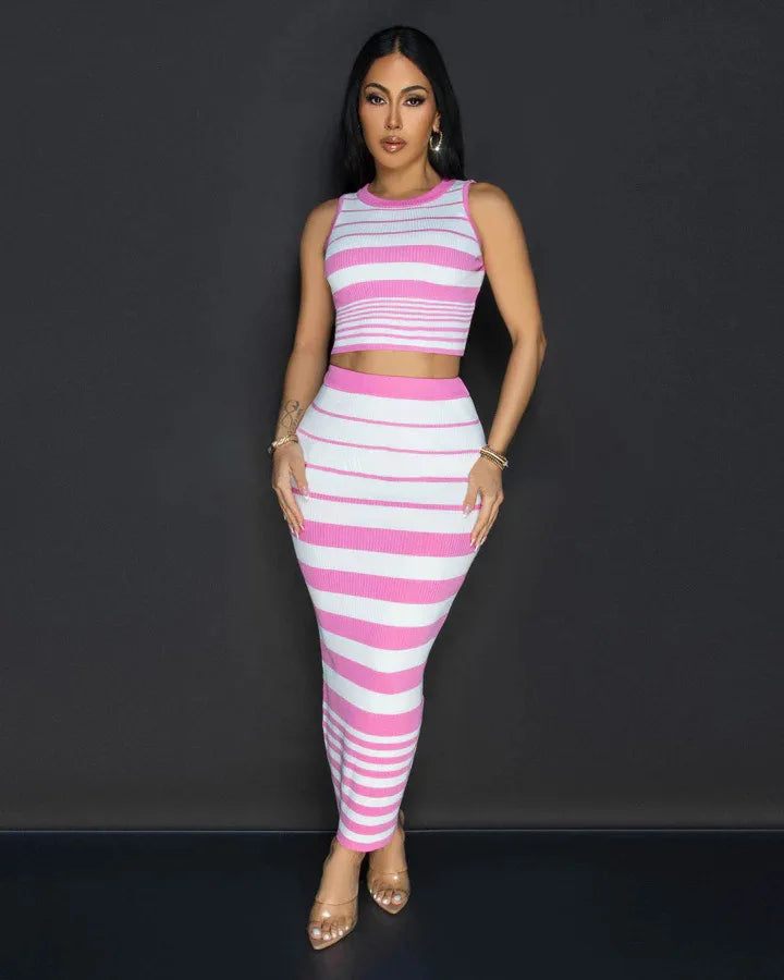 Striped Round Neck Sleeveless Crop Top + Bodycon Maxi Skirt Women's 2-Piece Set