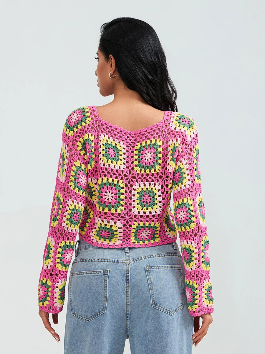Crochet Square Floral Print Knitted Women’s Long Sleeve O-Neck Cropped Sweater