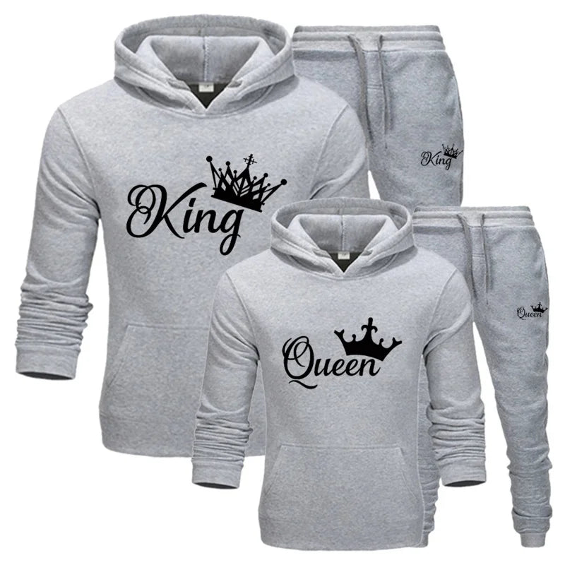 Unisex "King or Queen" Crown Print Couples Matching Hoodie Sweatshirt + Pants Tracksuit