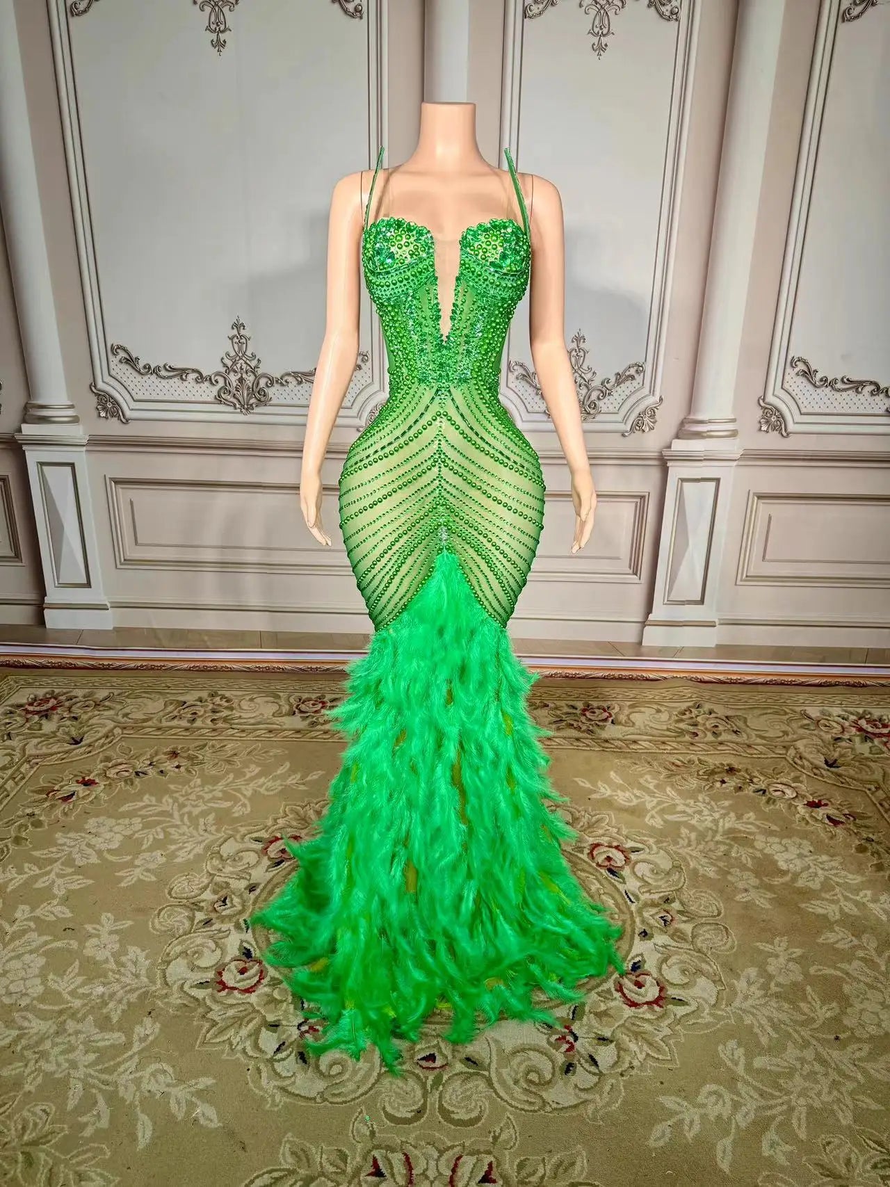 Sparkling Metallic Rhinestone Pearl Feather Detail Sleeveless Floor-length Party/Prom Formal Maxi Dress to 4X Plus Size