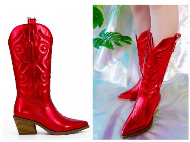 Western Embroidered Pointed Toe Side Zipper Stacked Heel Cowgirl Boots