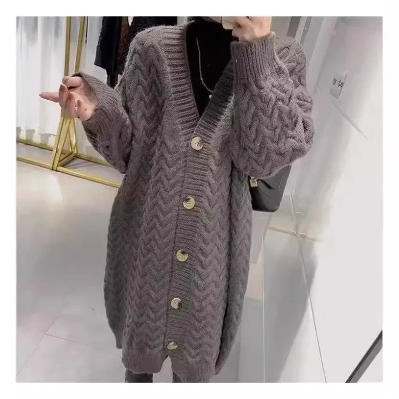 Knitted Twisted Weave Pattern Button Front Women's Maxi Cardigan Sweater