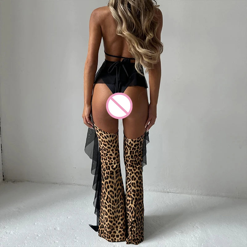 Sexy Leopard Print Mesh Transparent Ruffled Bikini Top, Bikini Bottoms, Tassel Fringe Leggings Women's 3-Piece Swimwear Set