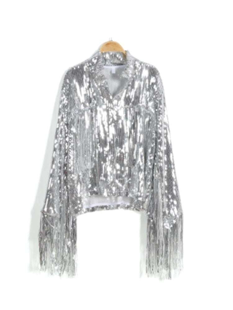 Tassels Retro Cropped Long Sleeve Reflective Ladies Bomber Jacket to 3X