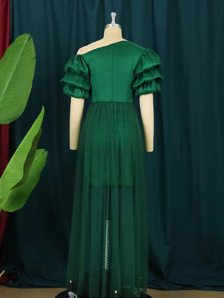 Satin Green One Shoulder Puff Sleeve Mesh Train Patchwork Pleated Formal Midi Dress to 4X