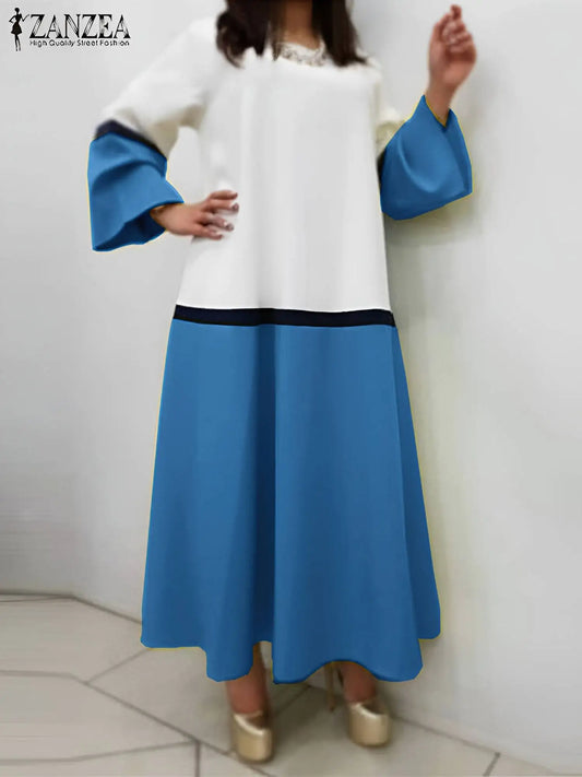 Oversized Colorblock O-Neck Loose Plus Size Long Flare Sleeve Patchwork Maxi Dress to 5X