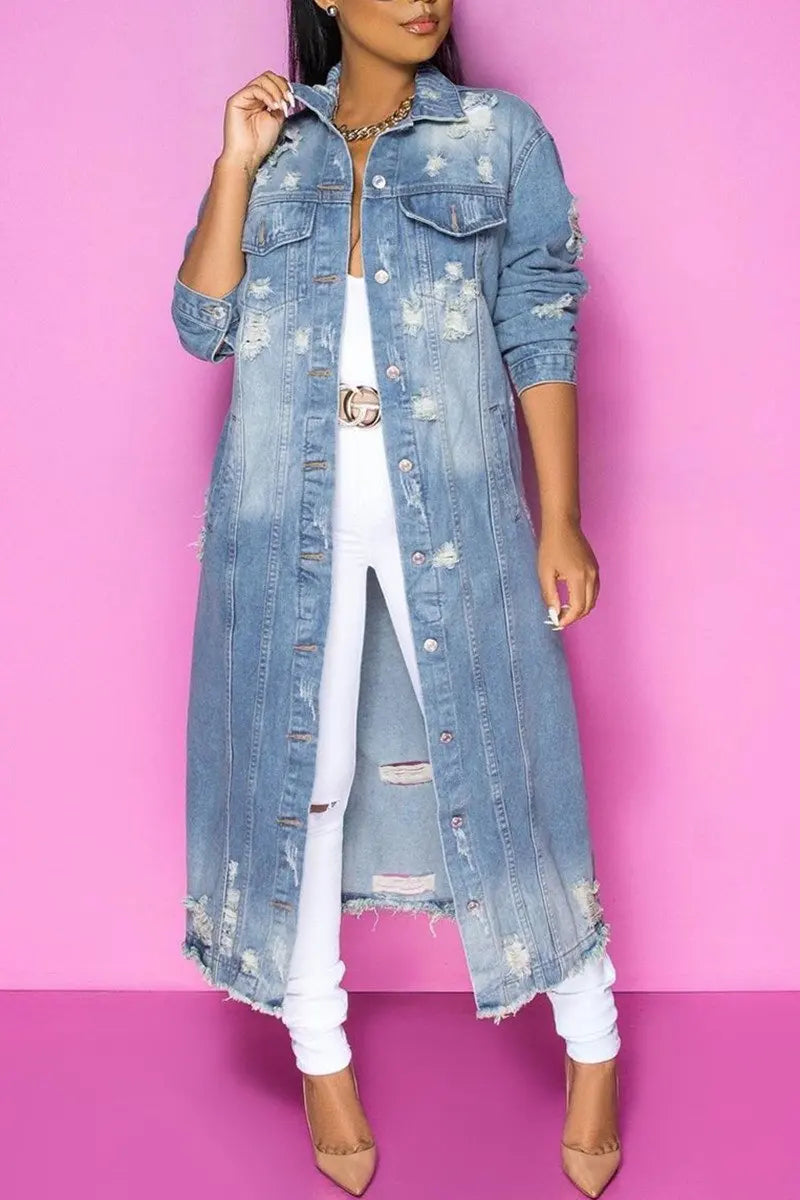 Denim Blue Washed Ripped Double Pocket Hole Design Turn-Down Collar Long Sleeve Women's Jean Trenchcoat to 5X Plus Size