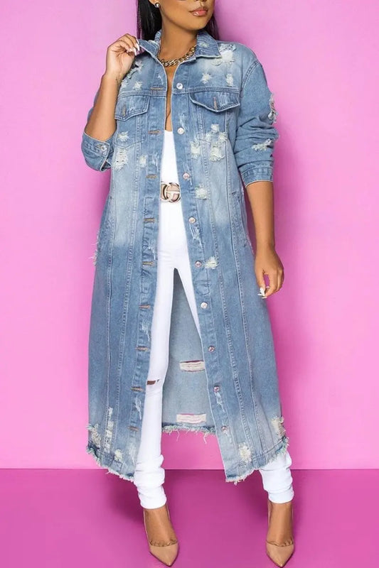 Denim Blue Washed Ripped Double Pocket Hole Design Turn-Down Collar Long Sleeve Women's Jean Trenchcoat to 5X Plus Size