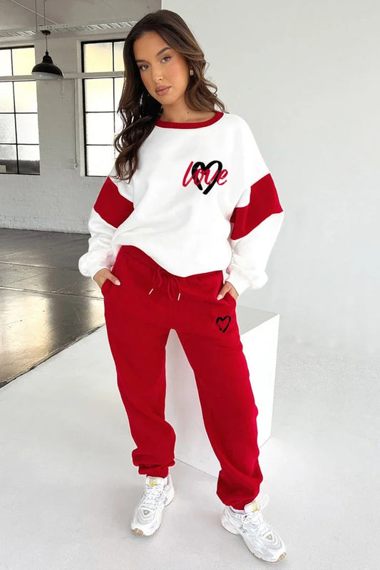 Streetwear Women's Love Heart Colorblock Sweatshirt + Fleece Sweatpants Tracksuit