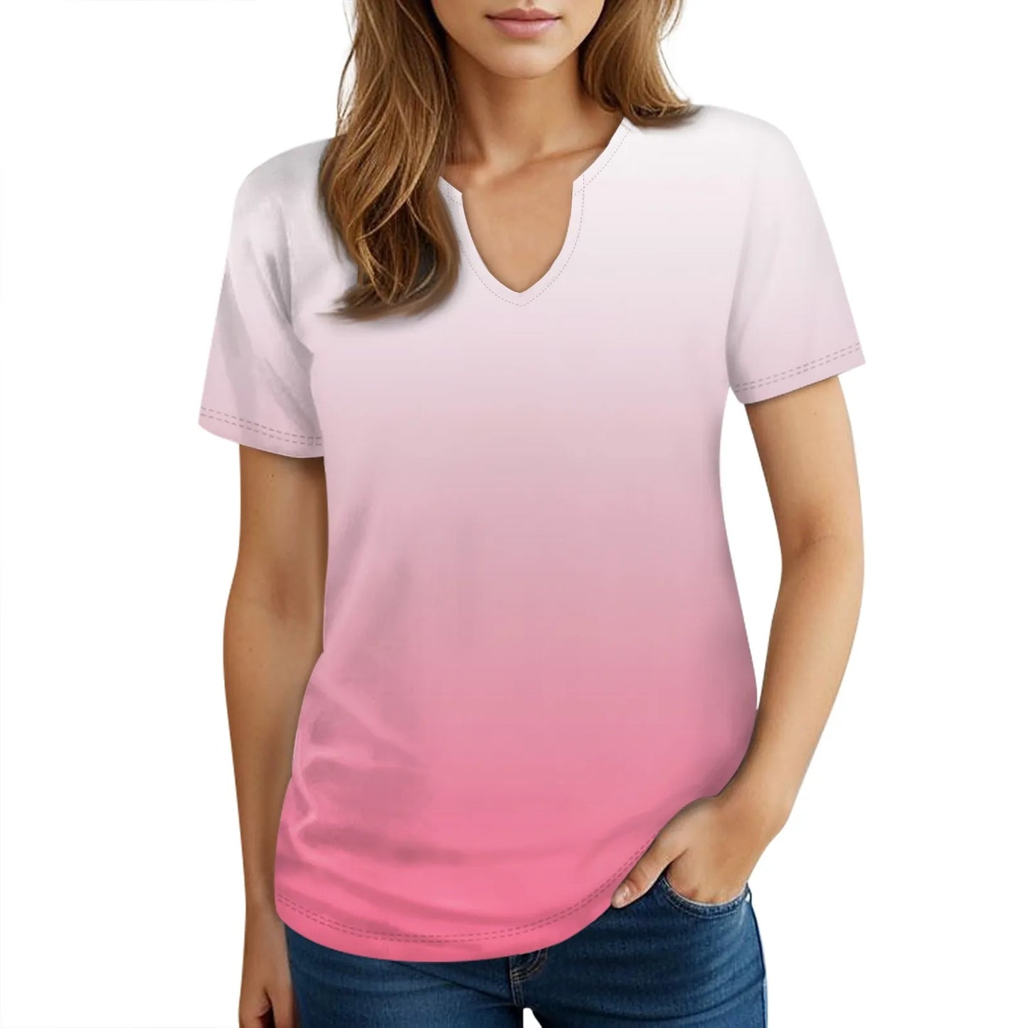 Gradient Rainbow Ombre Short Sleeve Loose Scoop V-Neck Women's T-Shirt