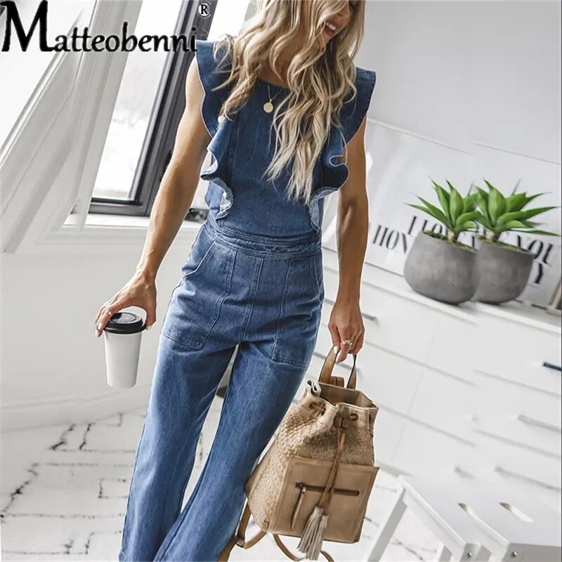 Sleeveless Ruffled Design Backless Denim Romper Jumpsuit