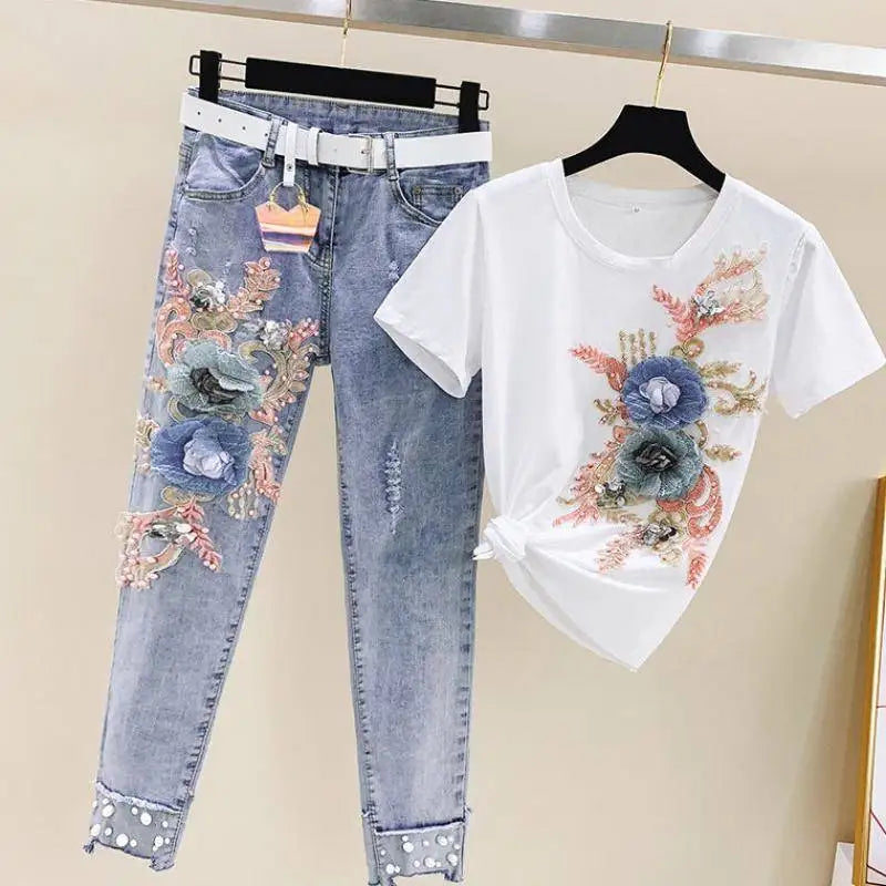 Floral Embroidered Women's Short Sleeve T-Shirt + Matching Denim Jeans 2-Piece Set to 3X Plus Size