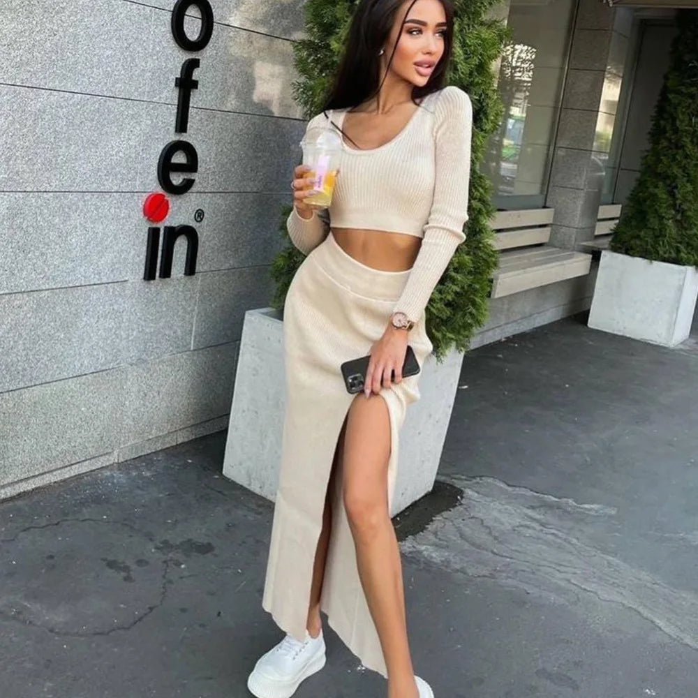 Knitted Y2K Solid Long Sleeve Pullover V-Neck Crop Sweater + High Slit Maxi Skirt 2-Piece Set