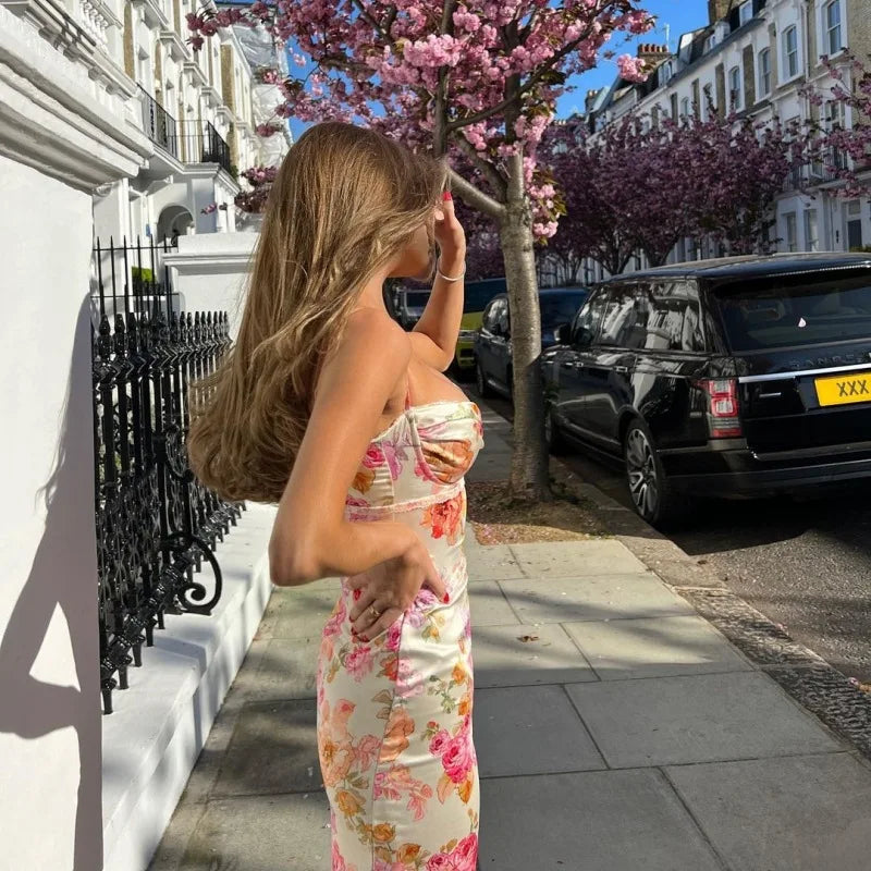 Satin White/Pink Flower Print Sleeveless Spaghetti Strap Skinny Maxi Formal Dress