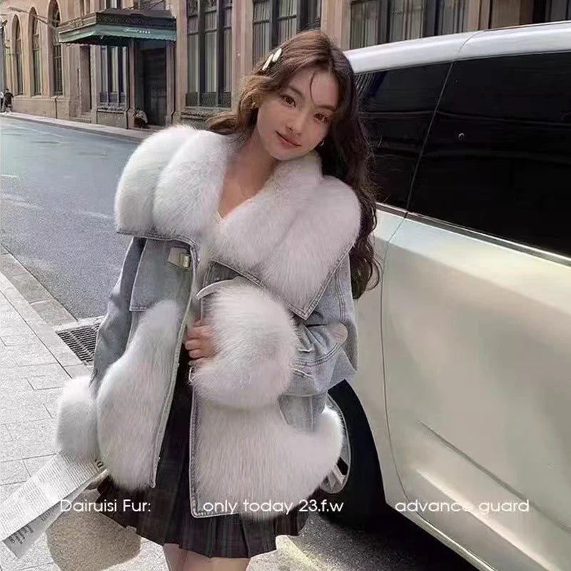 Denim Oversized 100% Real Fox Fur Collar Short Women's Goose Down Puffer Jean Jacket