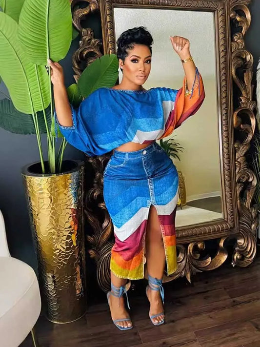 Mock Denim Striped Colorblock Slash Neck Women's Long Sleeve Crop Top + Open High Slit Skirt 2-Piece Set