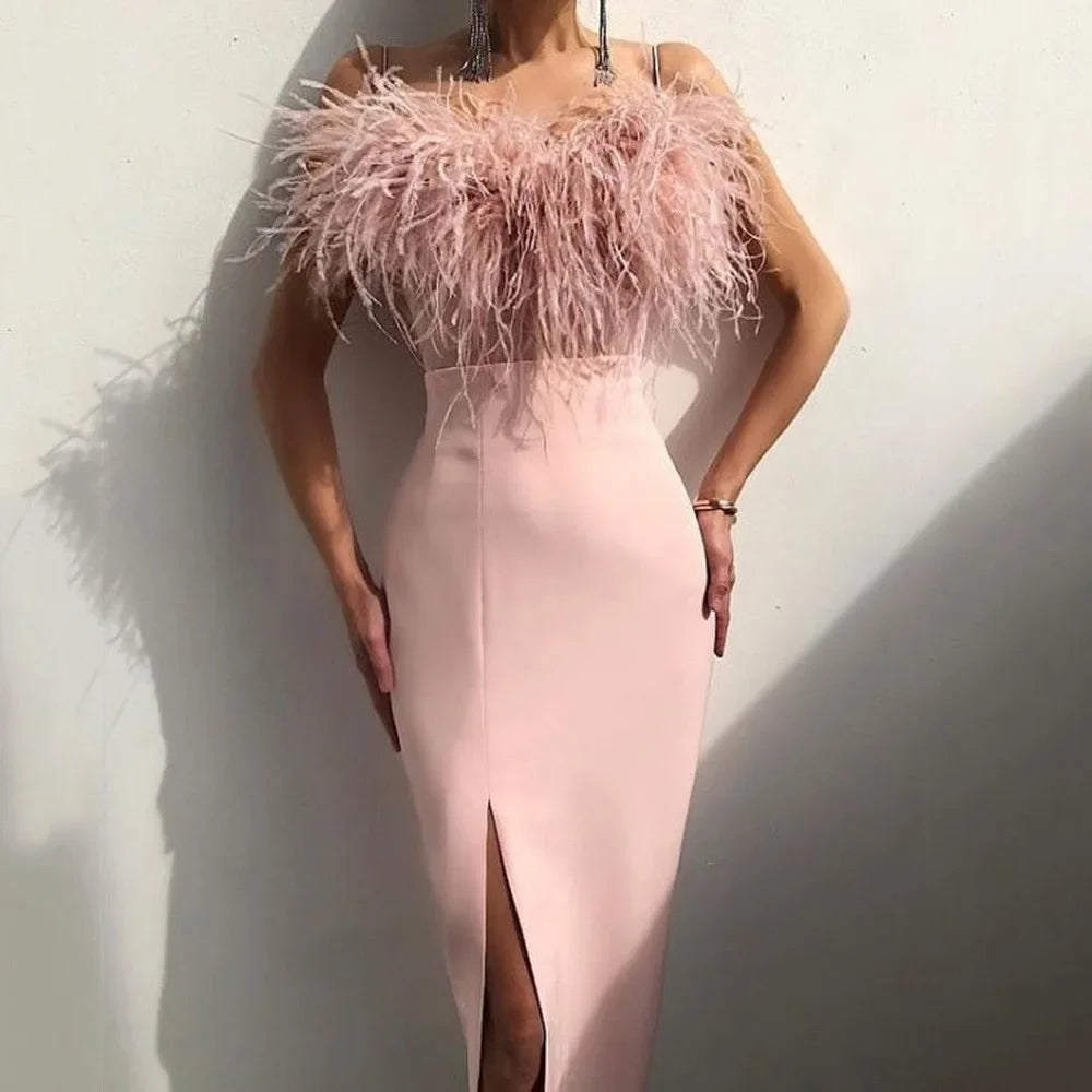 2024 New Cross-border Spring Summer Women's Fashion Tank Feather Dress Elegant Slimming Arm-covering Gown For Banquets
