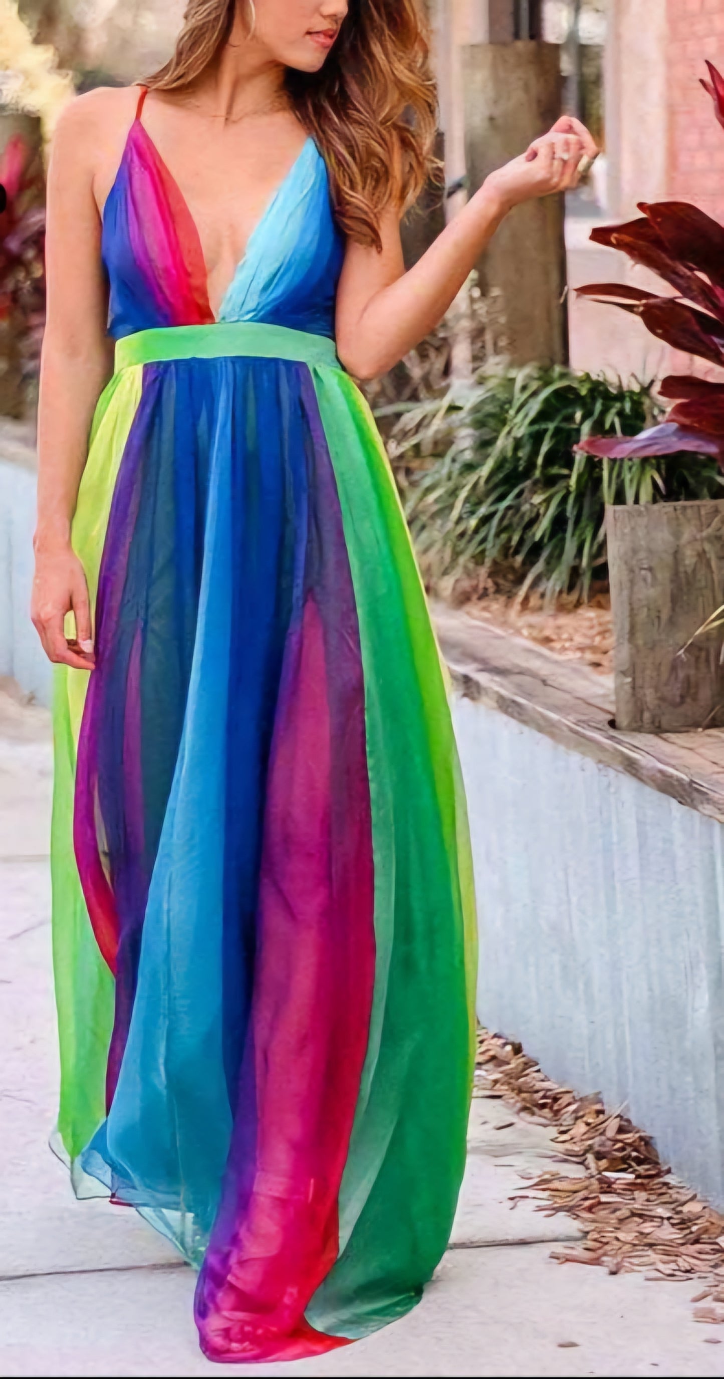 Chiffon Rainbow Colorblock Striped Mesh Spaghetti Strap V-Neck Maxi Dress