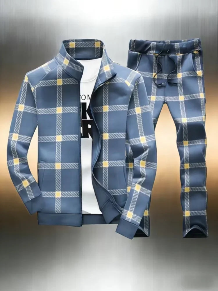 Men's Plaid Print Stand Collar Sports Zipper Jacket + Skinny Drawstring Jogger Sweatpants Tracksuit