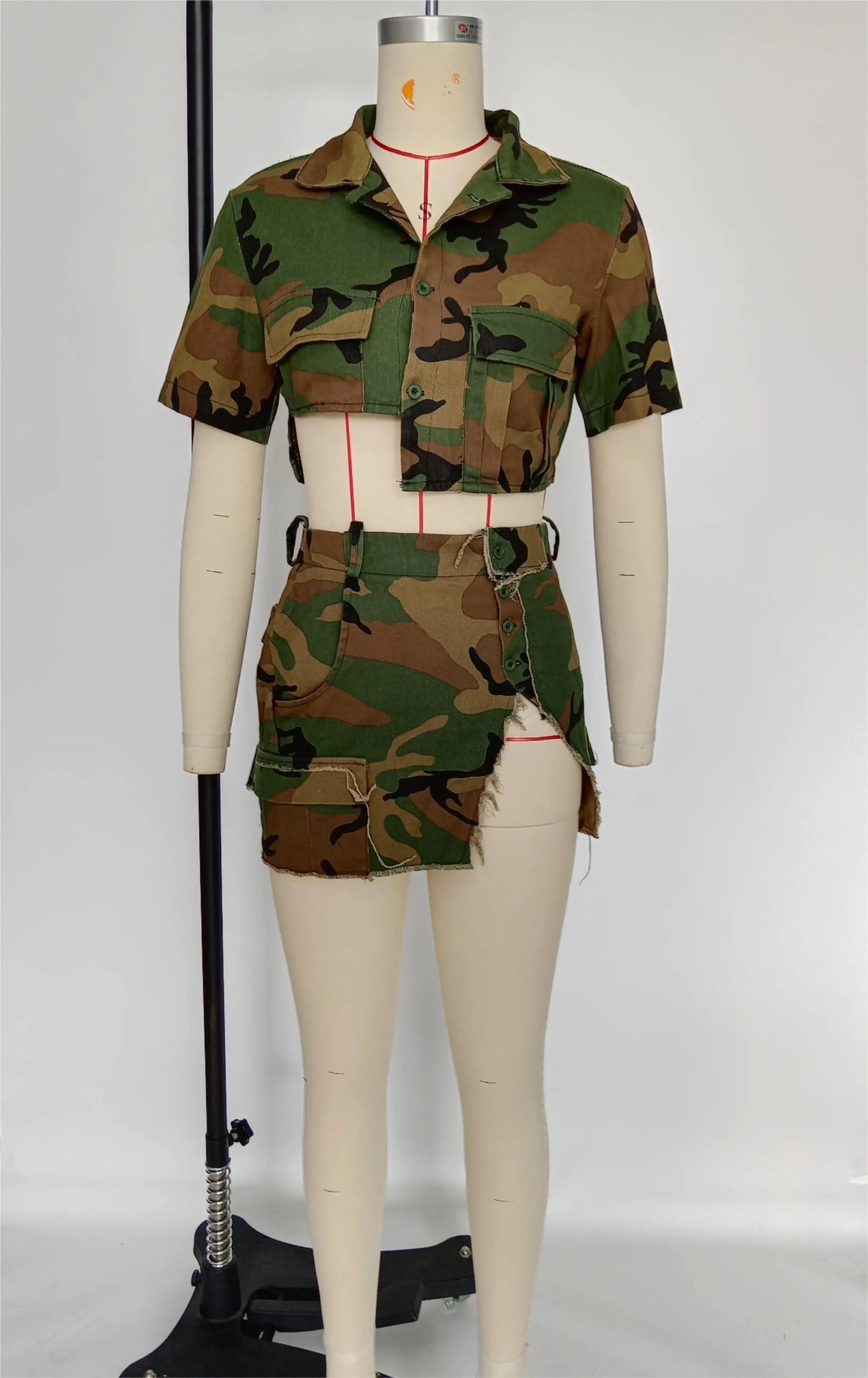 Camouflage Ladies 2-Piece Streetwear Set: Irregular Short Sleeve Buttoned Crop Top + High Slit Mini Skirt