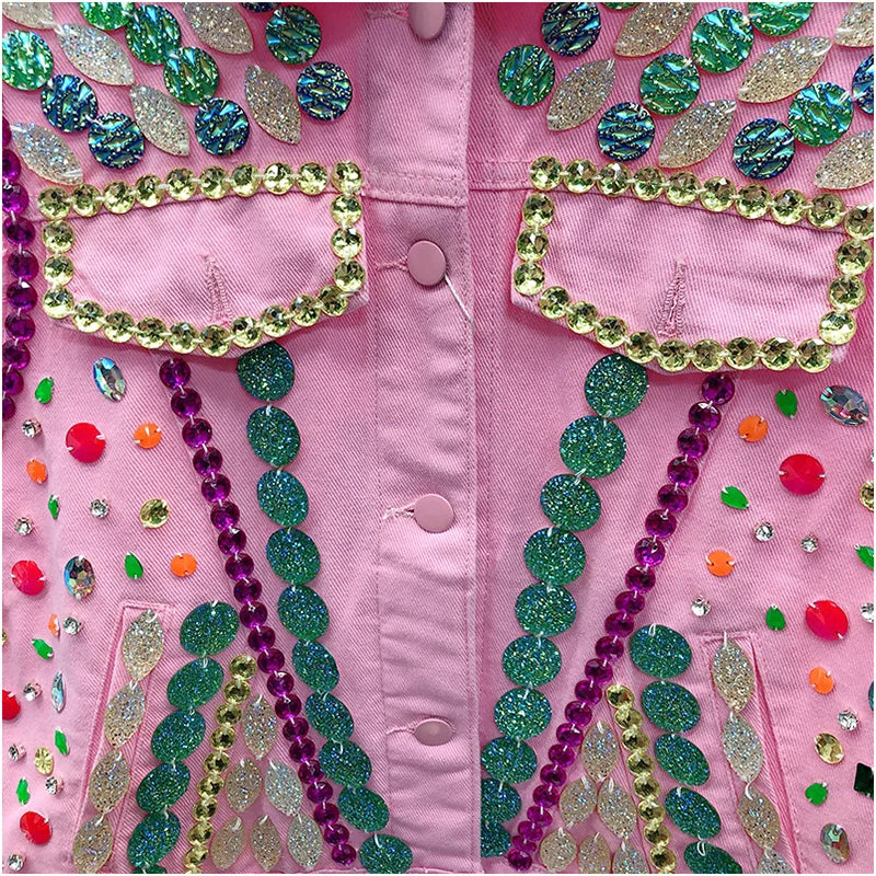 Pink Embellished Crystal Rhinestone Beading Denim Women's Vest