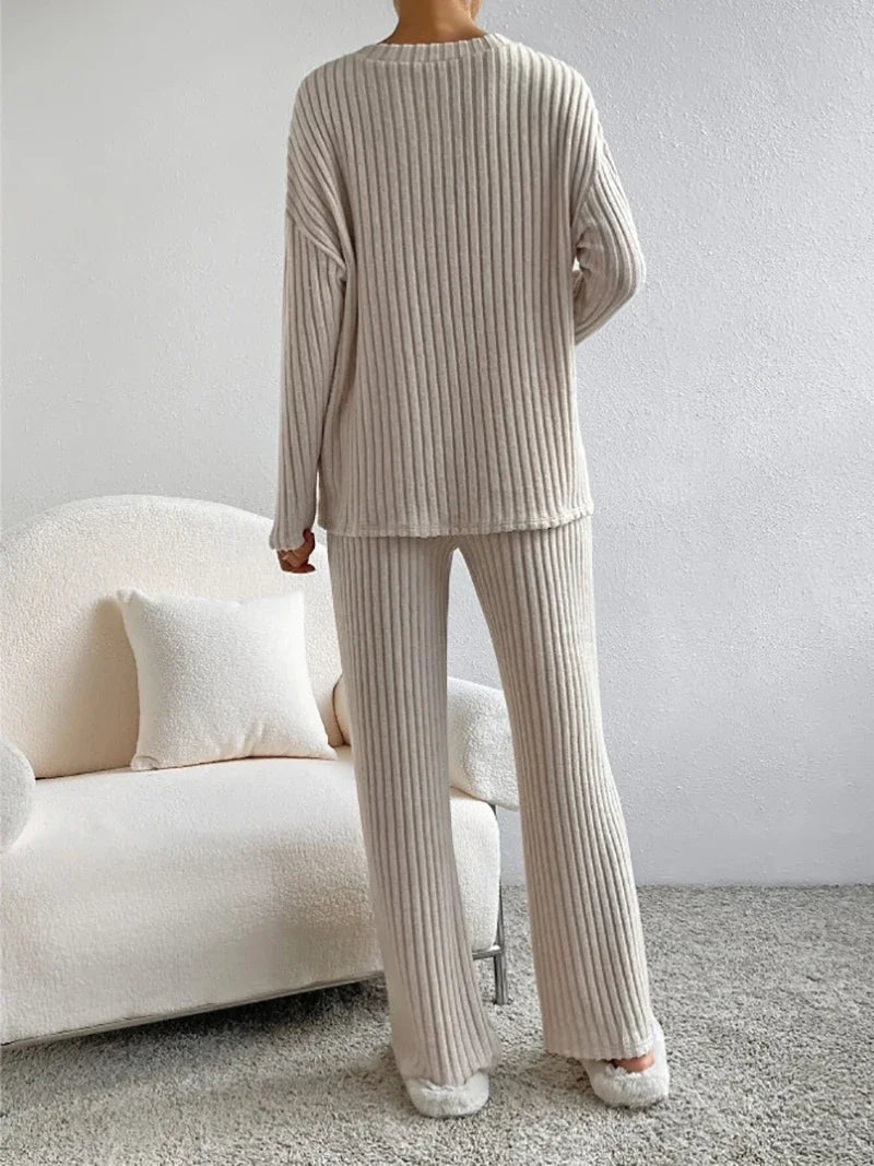 Solid Knitted Ribbed Long Sleeve V-Neck Ladies Top + Matching Leggings 2-Piece Loungewear Set