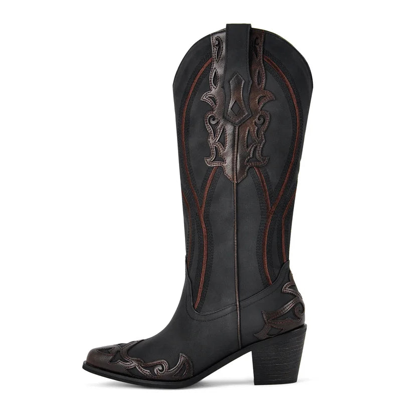 Western Flower Embroidered Women's Pointed Toe Side Zipper Chunky Heel Cowgirl Boots