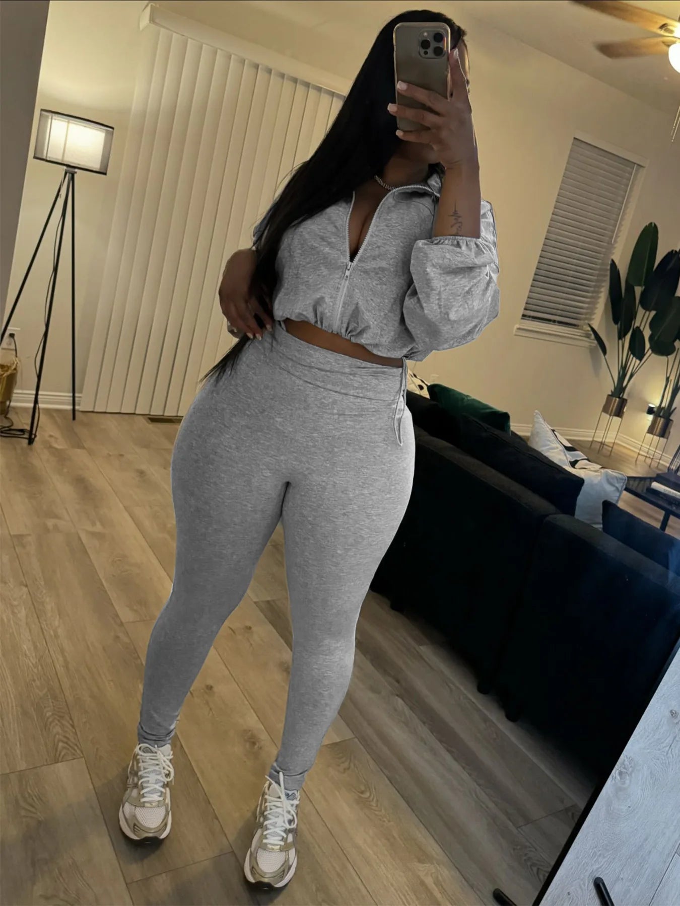 Pullover Women's Long Sleeve Drawstring Zipper Cropped Sweatshirt + Elastic Waist Leggings Tracksuit