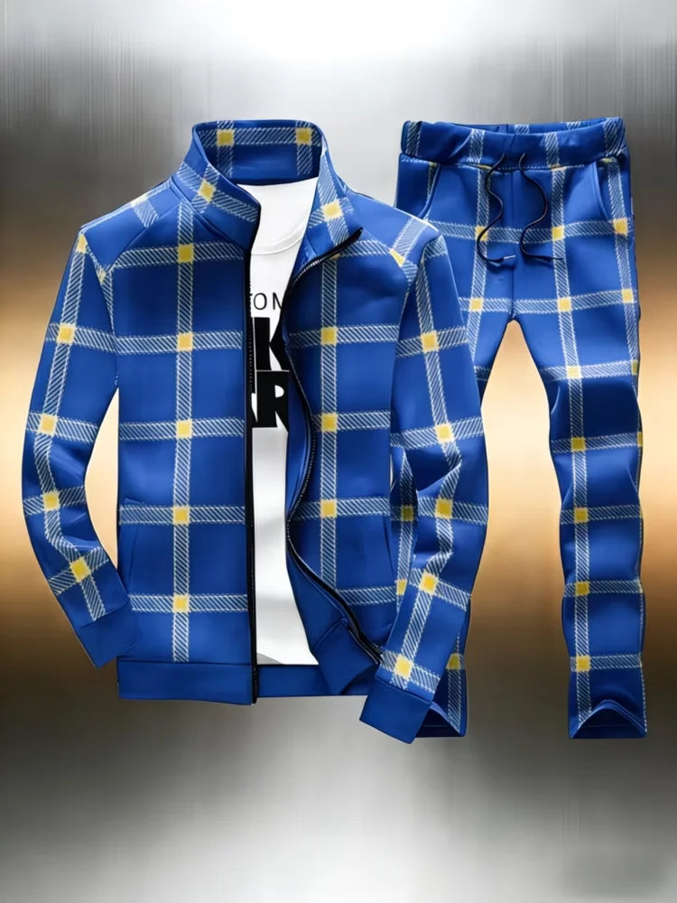 Men's Plaid Print Stand Collar Sports Zipper Jacket + Skinny Drawstring Jogger Sweatpants Tracksuit