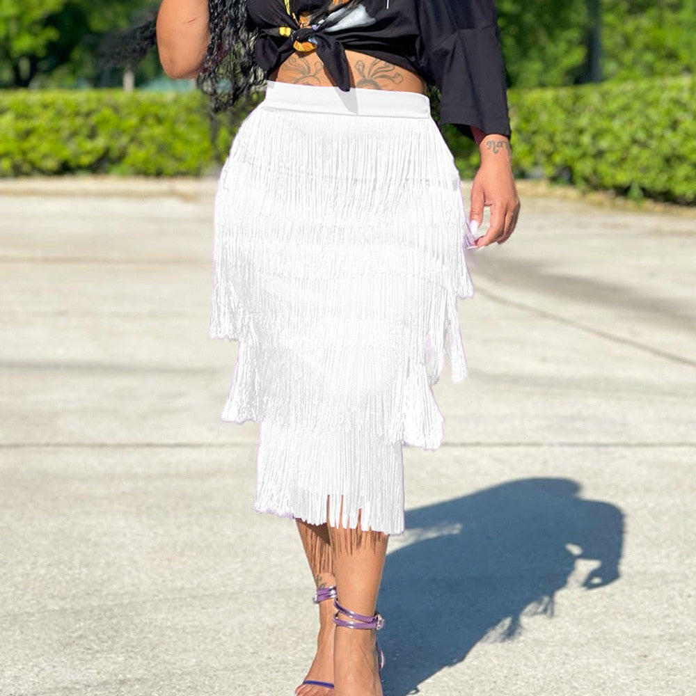 High Waist Tassels Midi Flapper Skirt to 4X