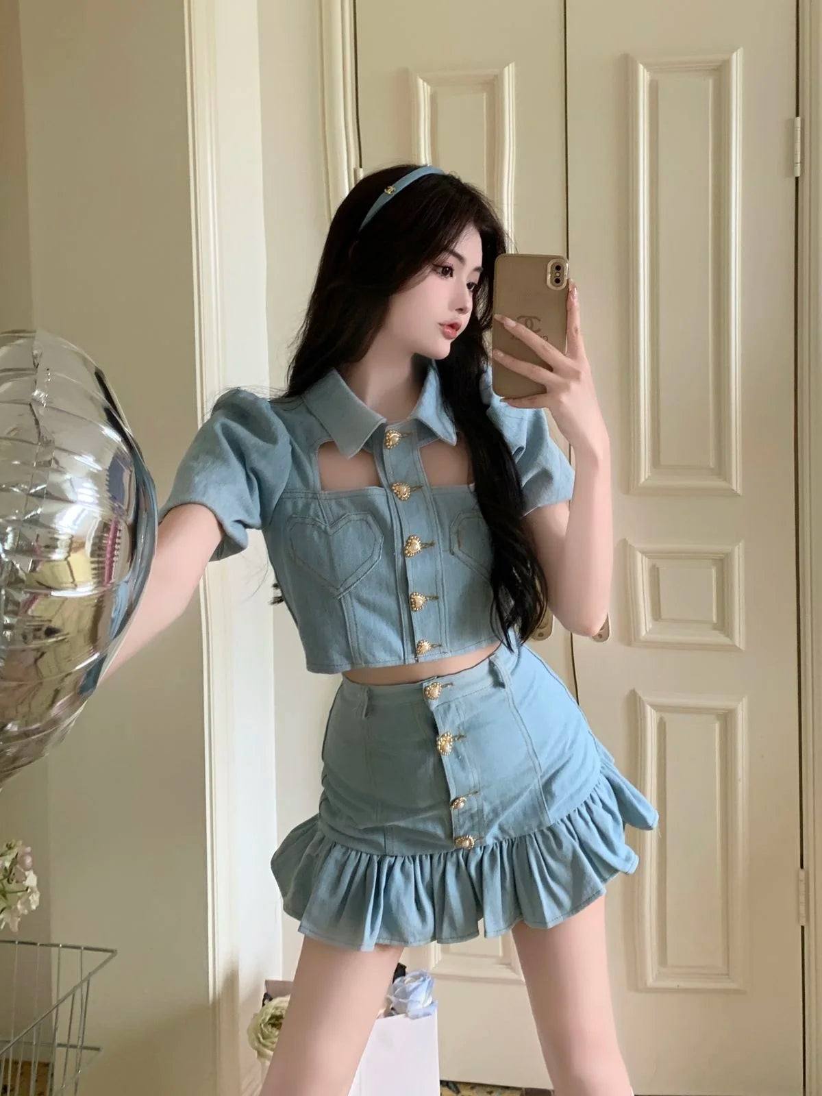 Denim Heart Design Button-Up Short Puff Sleeve Turn-Down Collar Crop Top + Ruffled Mermaid Mini Jean Skirt 2-Piece Set