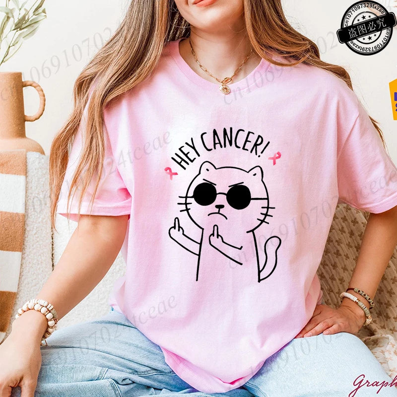 "Hey Cancer" 3D Cat Print Breast Cancer Awareness T-Shirt to 3X Plus Size