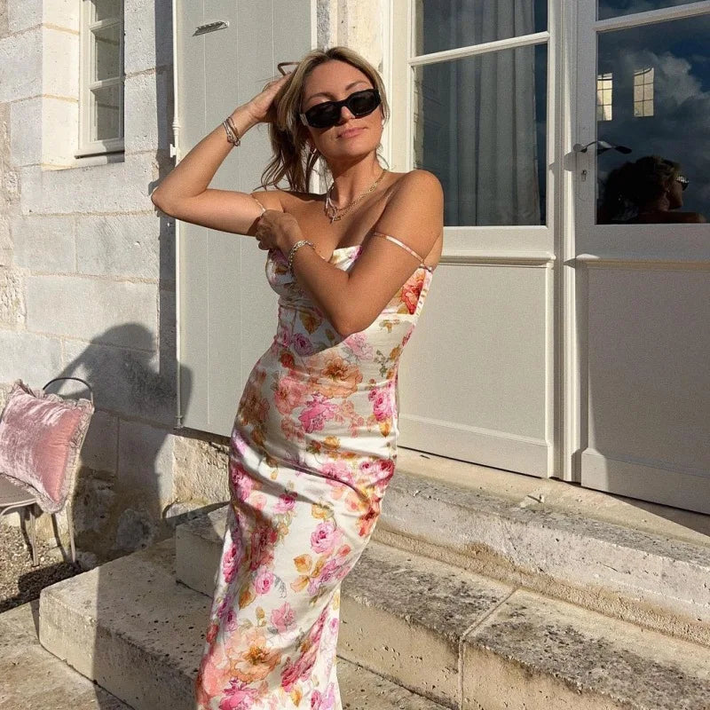 Satin White/Pink Flower Print Sleeveless Spaghetti Strap Skinny Maxi Formal Dress