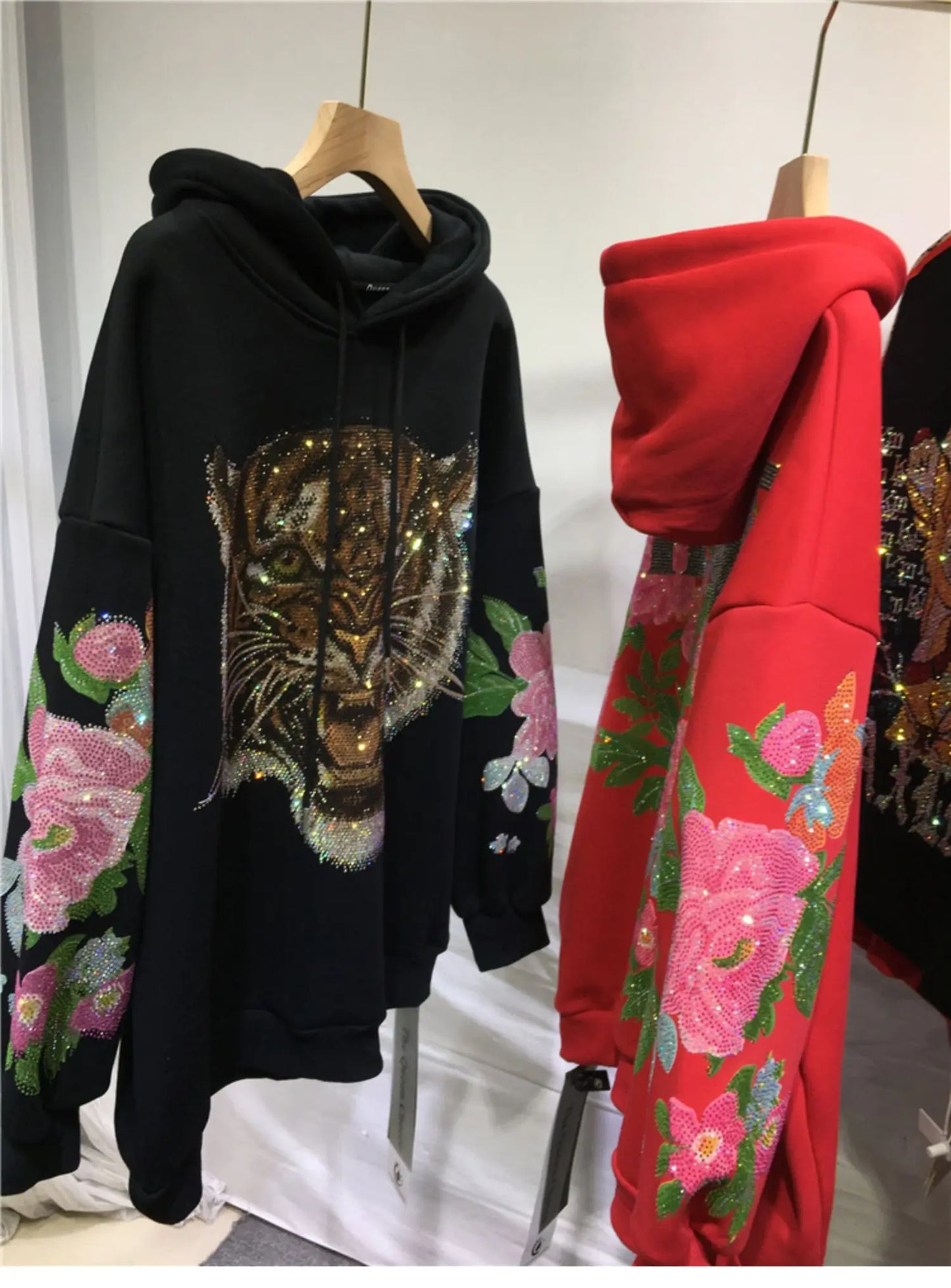 Sparkling 3D Rhinestone Fleece Padded Women's Leopard Tiger Hoodie Sweatshirt