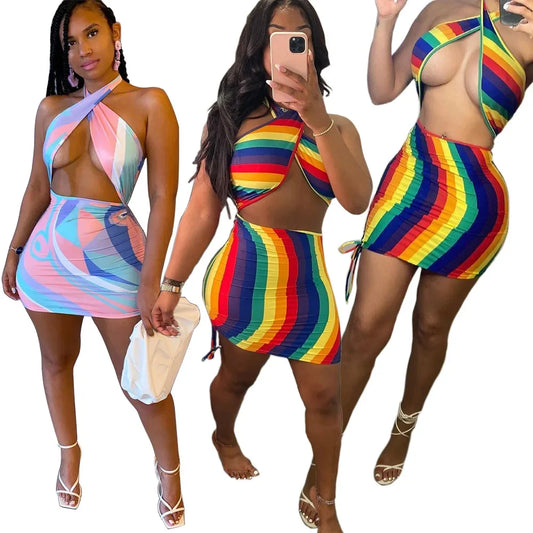 Striped Swirl Colorblock Print Criss-Cross Sleeveless Crop Top + Drawstring Bodycon Mini Skirt 2-Piece Set