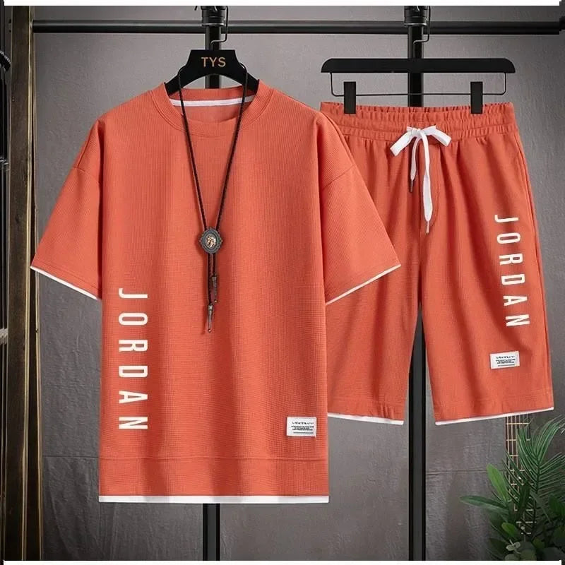 Men's Fitness "Jordan" O-Neck Short Sleeve T-Shirt + Drawstring Basketball Shorts 2-Piece Set