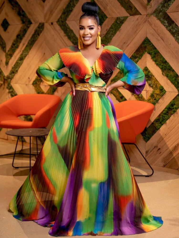 Pleated Ruffled Gradient Rainbow Colorblock Long Sleeve Maxi Dress